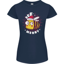 Christmas Bee Merry Funny Novelty Womens Petite Cut T-Shirt Navy Blue