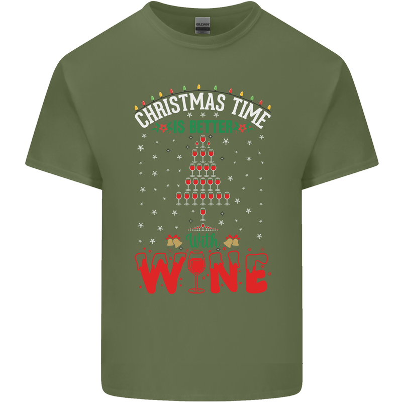 Christmas Better With Wine Funny Alcohol Mens Cotton T-Shirt Tee Top Military Green