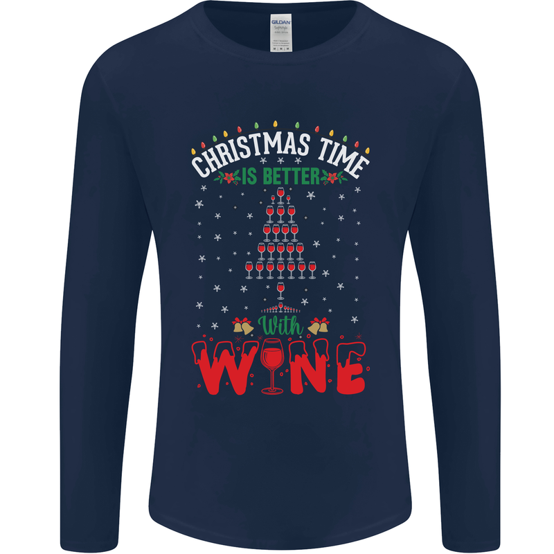 Christmas Better With Wine Funny Alcohol Mens Long Sleeve T-Shirt Navy Blue