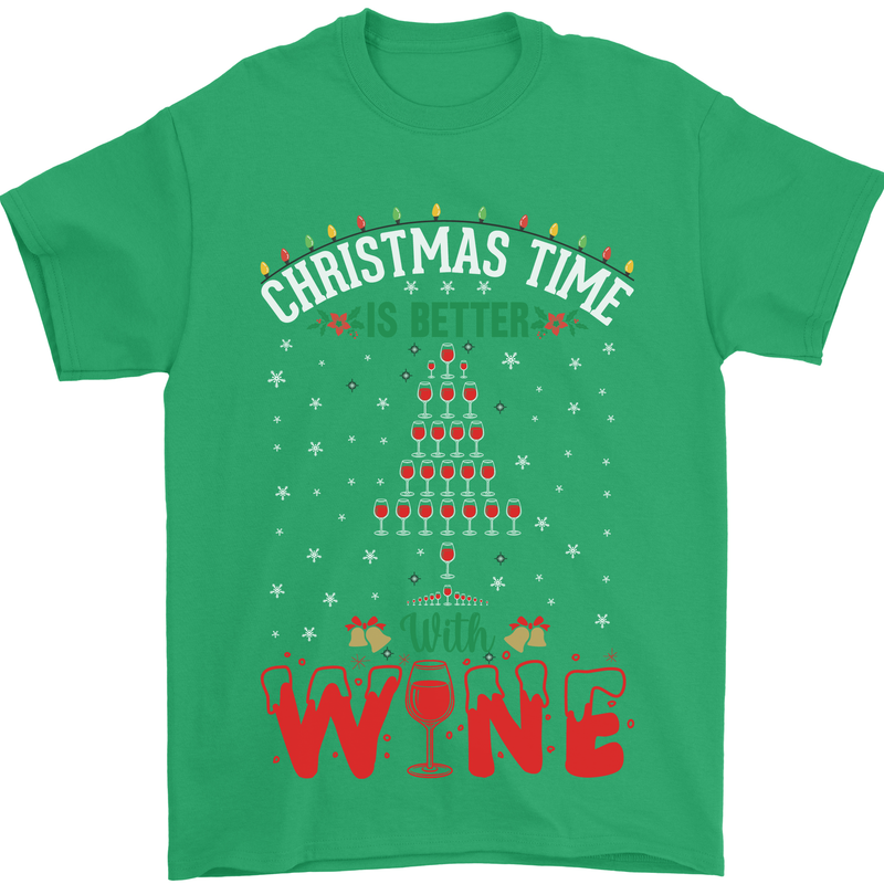 Christmas Better With Wine Funny Alcohol Mens T-Shirt Cotton Gildan Irish Green