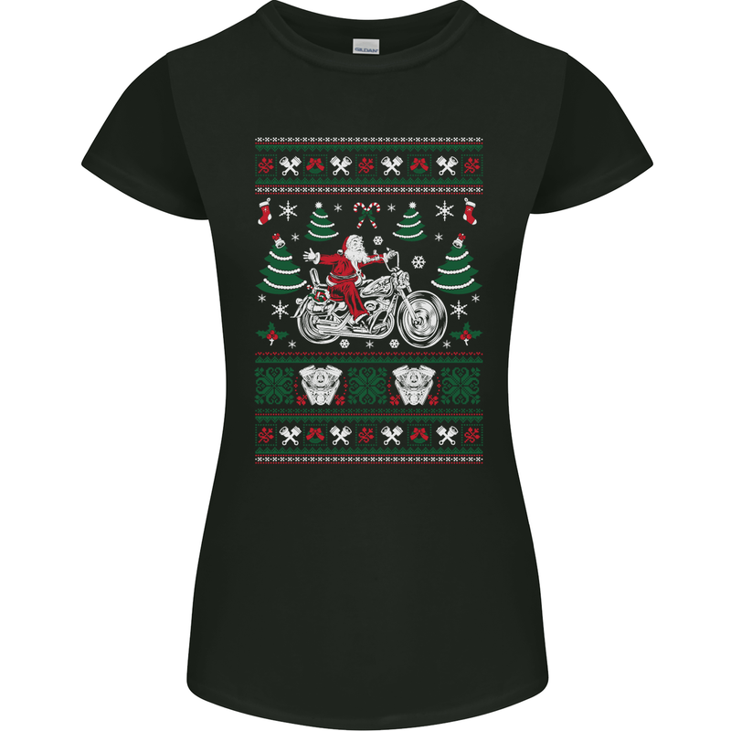 Christmas Biker Santa Motorbike Motorcycle Womens Petite Cut T-Shirt Black