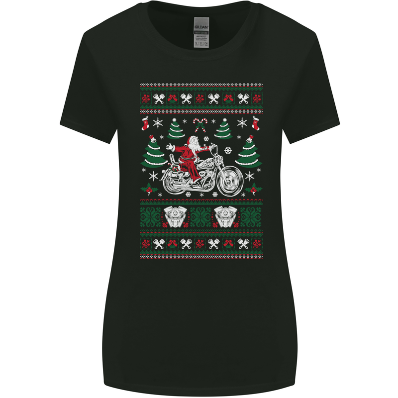 Christmas Biker Santa Motorbike Motorcycle Womens Wider Cut T-Shirt Black