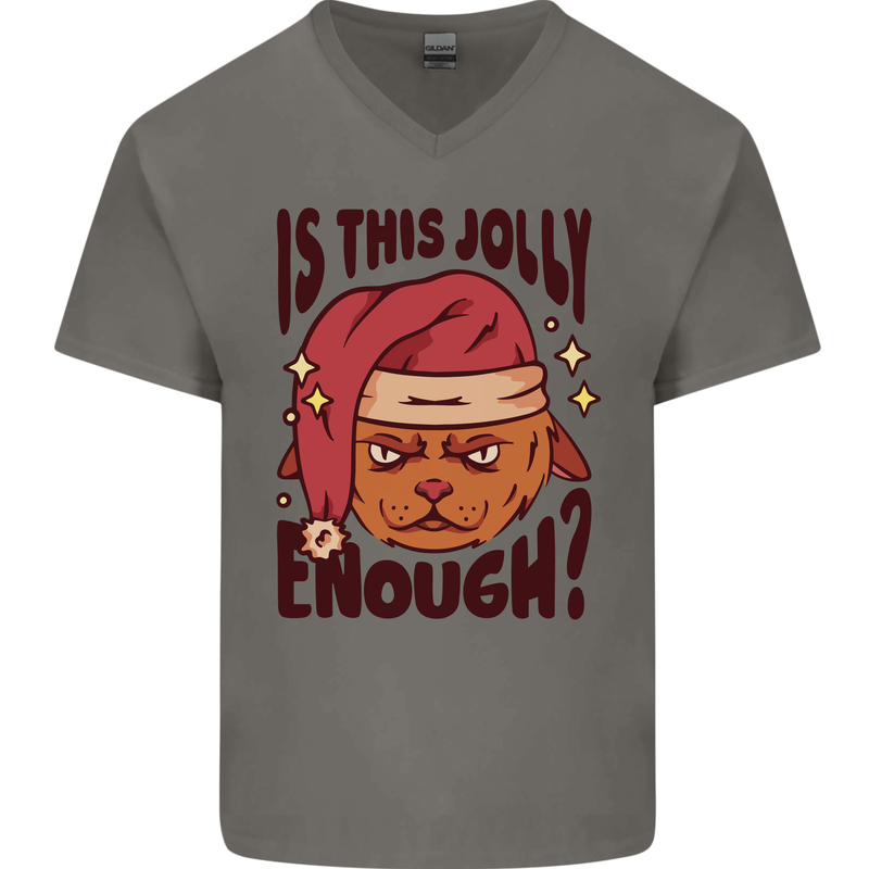 Christmas Cat Is This Jolly Enough Funny Mens V-Neck Cotton T-Shirt Charcoal