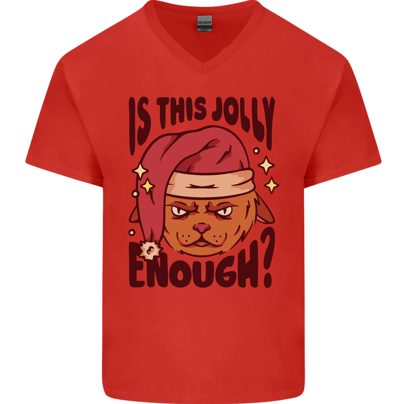 Christmas Cat Is This Jolly Enough Funny Mens V-Neck Cotton T-Shirt Red