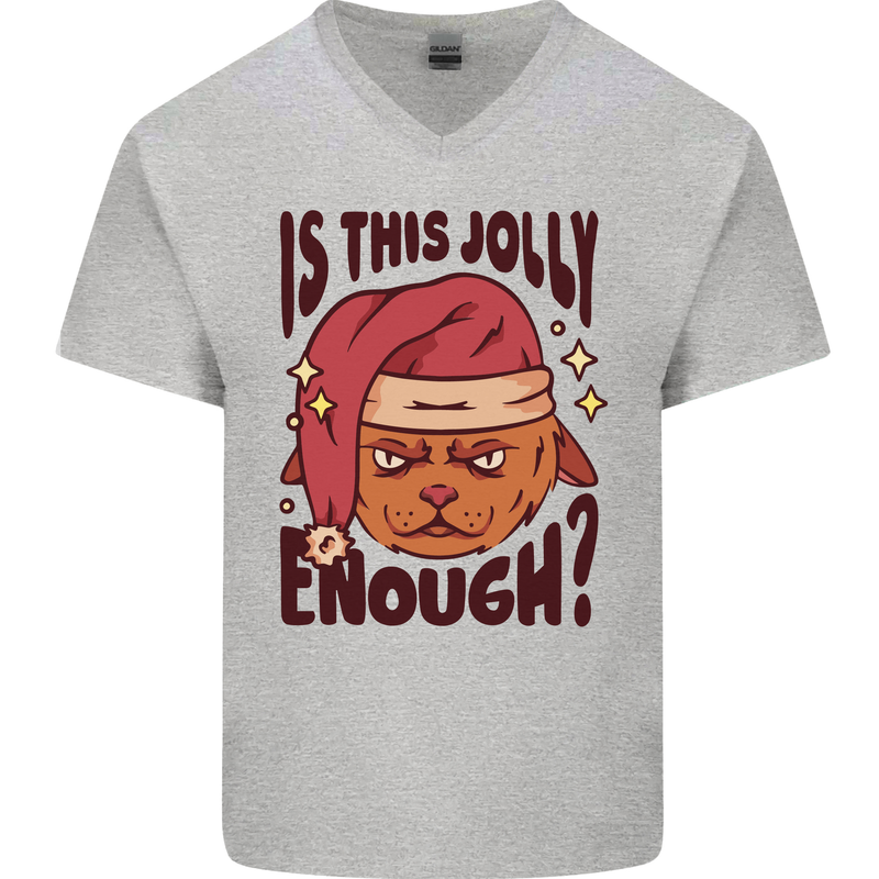 Christmas Cat Is This Jolly Enough Funny Mens V-Neck Cotton T-Shirt Sports Grey