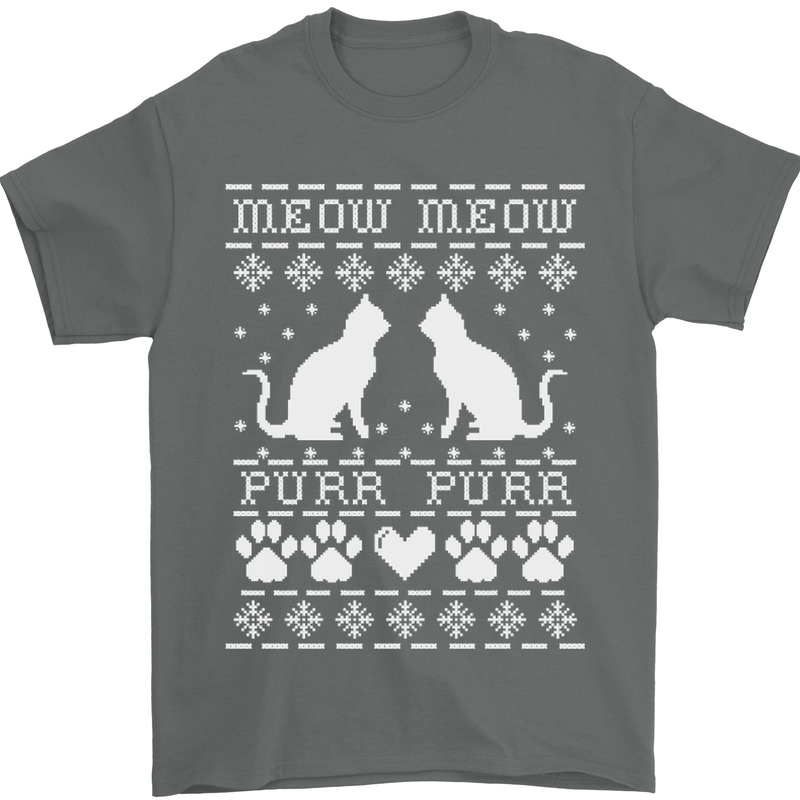 Christmas Cat Meow Purr Funny Xmas Mens T-Shirt Cotton Gildan Charcoal