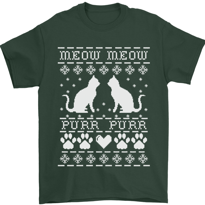 Christmas Cat Meow Purr Funny Xmas Mens T-Shirt Cotton Gildan Forest Green