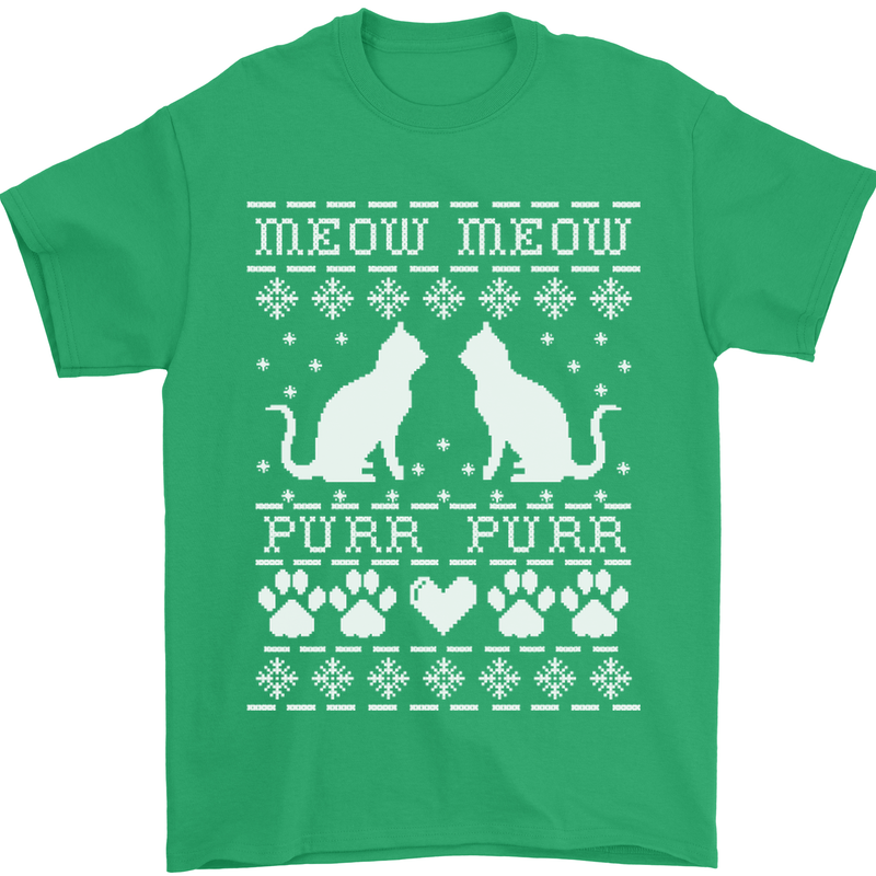 Christmas Cat Meow Purr Funny Xmas Mens T-Shirt Cotton Gildan Irish Green