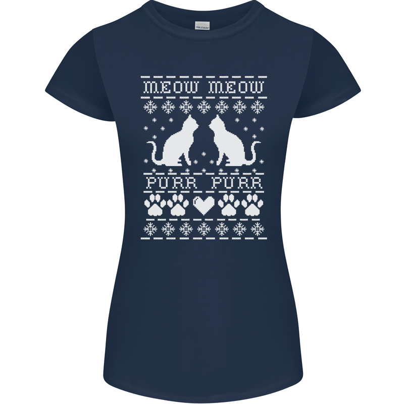 Christmas Cat Meow Purr Funny Xmas Womens Petite Cut T-Shirt Navy Blue