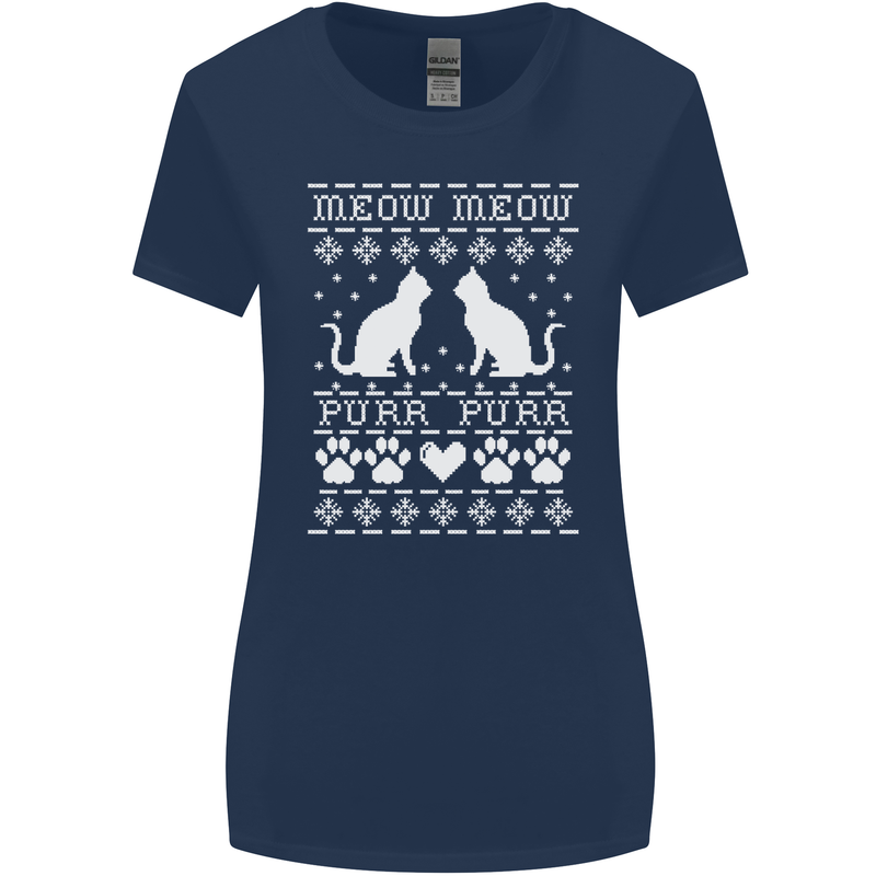 Christmas Cat Meow Purr Funny Xmas Womens Wider Cut T-Shirt Navy Blue