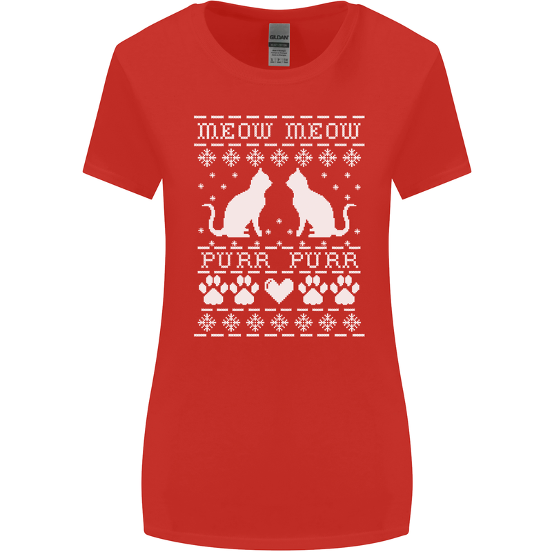 Christmas Cat Meow Purr Funny Xmas Womens Wider Cut T-Shirt Red
