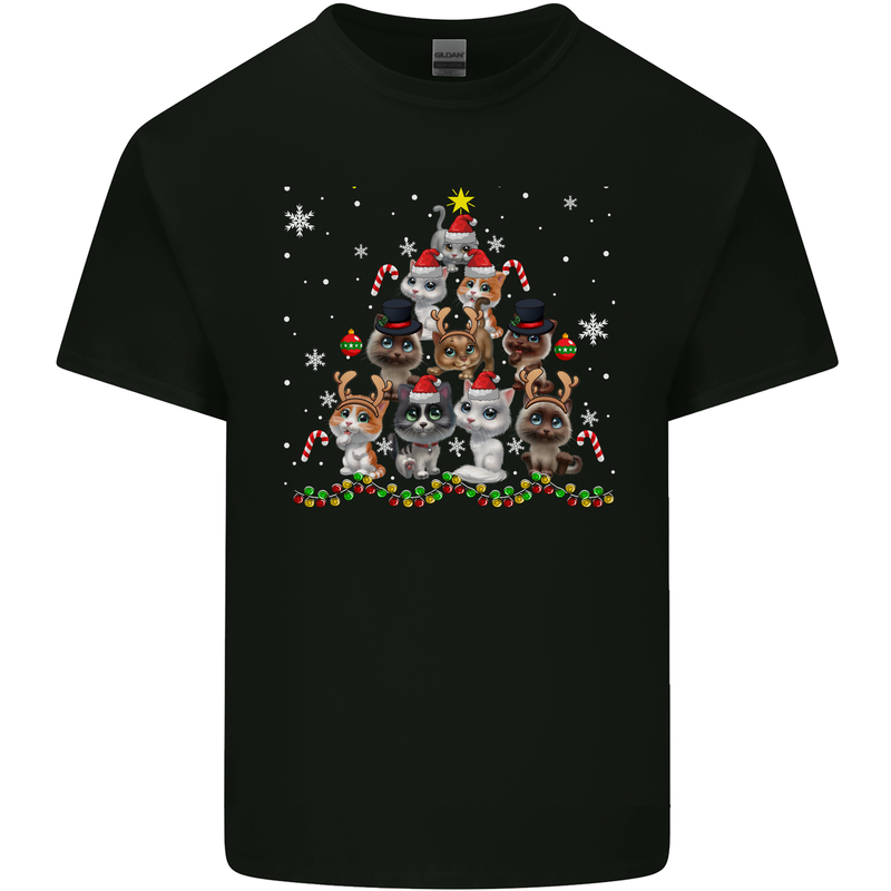 Christmas Cat Tree Funny Xmas Mens Cotton T-Shirt Tee Top Black