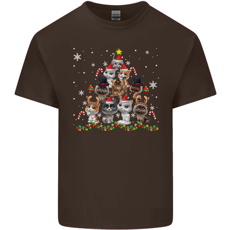 Christmas Cat Tree Funny Xmas Mens Cotton T-Shirt Tee Top Dark Chocolate