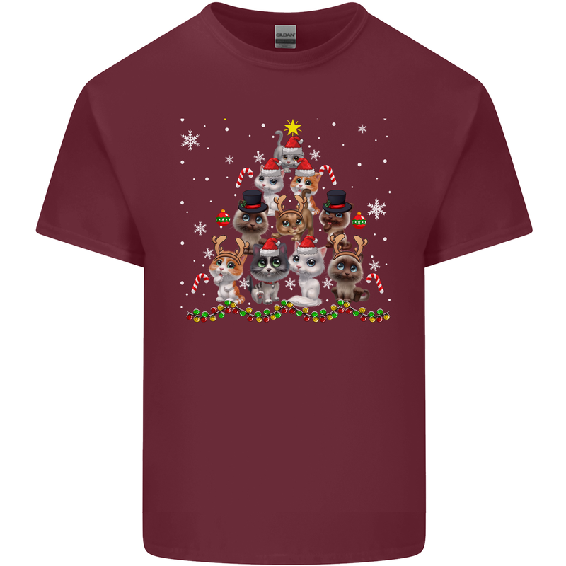 Christmas Cat Tree Funny Xmas Mens Cotton T-Shirt Tee Top Maroon