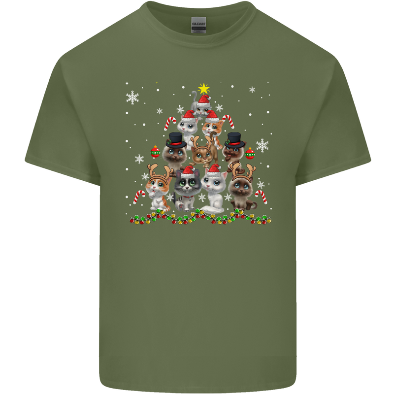 Christmas Cat Tree Funny Xmas Mens Cotton T-Shirt Tee Top Military Green