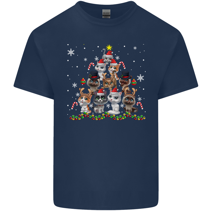 Christmas Cat Tree Funny Xmas Mens Cotton T-Shirt Tee Top Navy Blue
