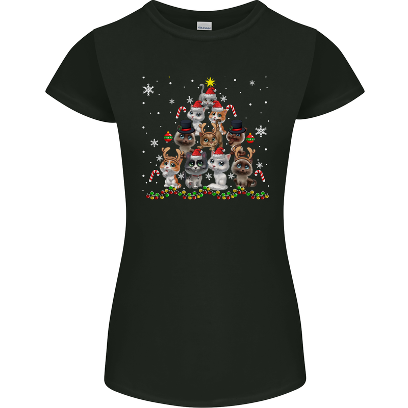 Christmas Cat Tree Funny Xmas Womens Petite Cut T-Shirt Black