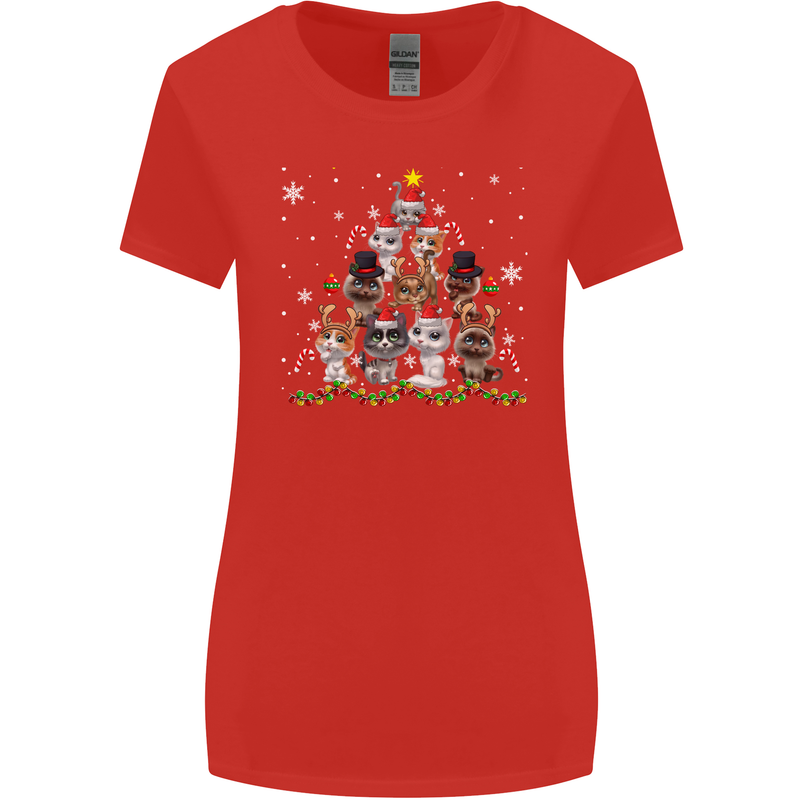 Christmas Cat Tree Funny Xmas Womens Wider Cut T-Shirt Red