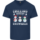 Christmas Chilling With My Snowmies Funny Mens V-Neck Cotton T-Shirt Navy Blue