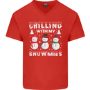 Christmas Chilling With My Snowmies Funny Mens V-Neck Cotton T-Shirt Red