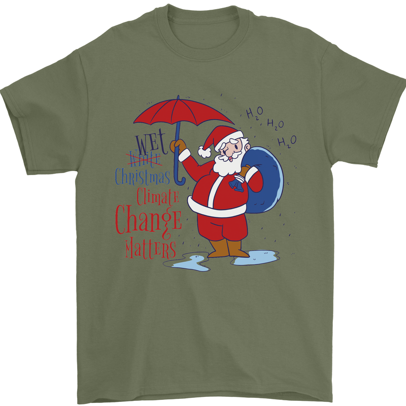 Christmas Climat Change Matters Santa Mens T-Shirt 100% Cotton Military Green