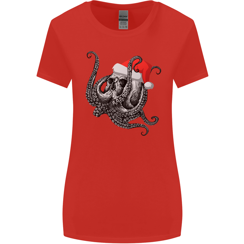 Christmas Cthulhu Skull Womens Wider Cut T-Shirt Red