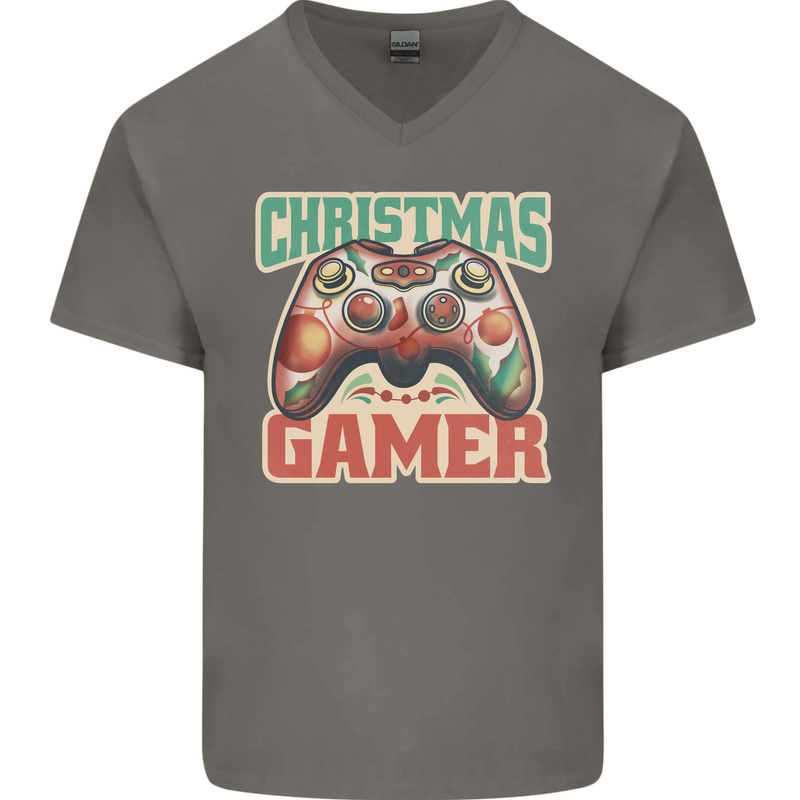 Christmas Gamer Funny Gaming Joypad Mens V-Neck Cotton T-Shirt Charcoal