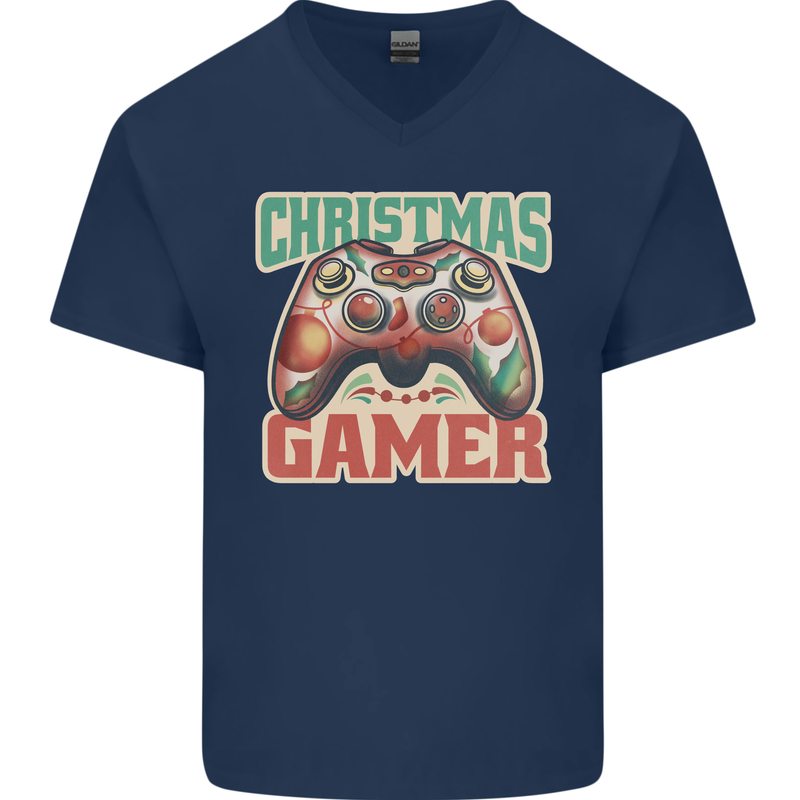 Christmas Gamer Funny Gaming Joypad Mens V-Neck Cotton T-Shirt Navy Blue
