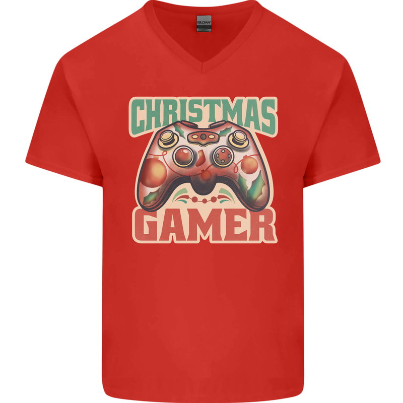 Christmas Gamer Funny Gaming Joypad Mens V-Neck Cotton T-Shirt Red