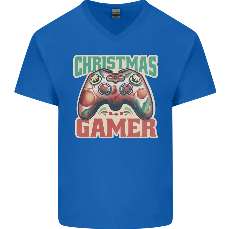 Christmas Gamer Funny Gaming Joypad Mens V-Neck Cotton T-Shirt Royal Blue