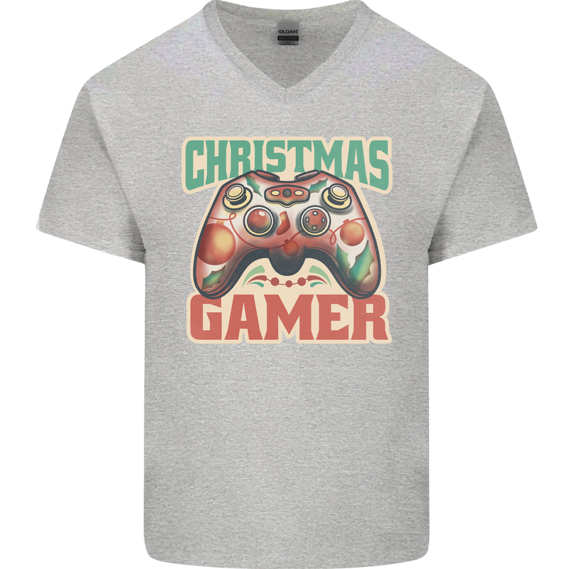 Christmas Gamer Funny Gaming Joypad Mens V-Neck Cotton T-Shirt Sports Grey