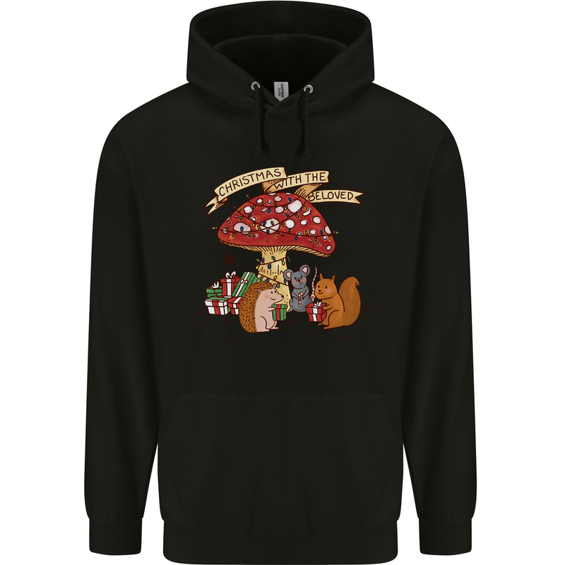 Christmas Hedgehog Toadstool Mouse Mens 80% Cotton Hoodie Black
