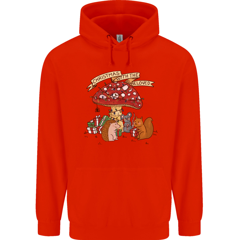 Christmas Hedgehog Toadstool Mouse Mens 80% Cotton Hoodie Bright Red
