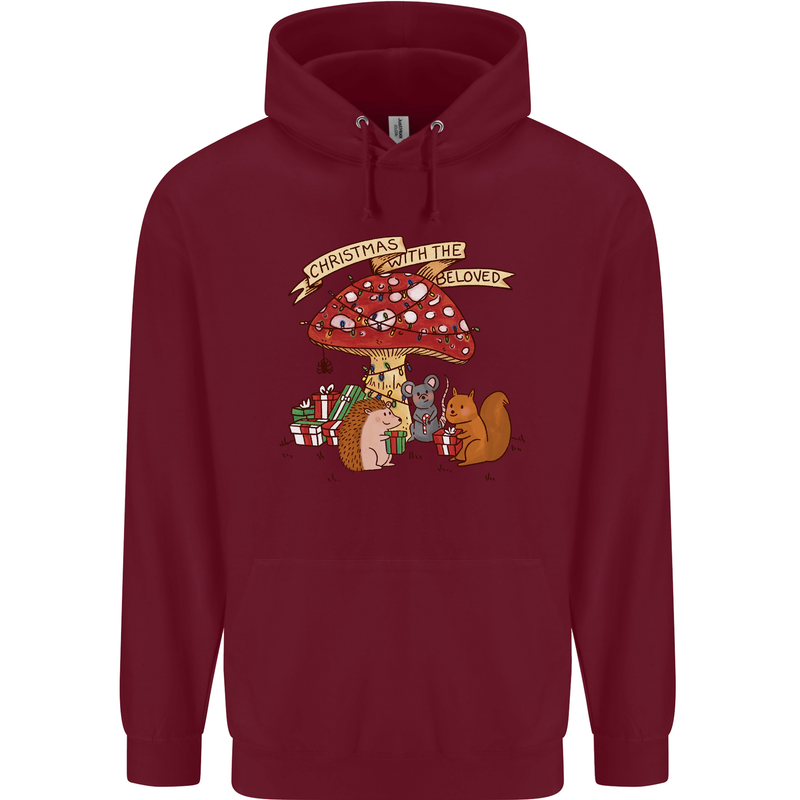 Christmas Hedgehog Toadstool Mouse Mens 80% Cotton Hoodie Maroon