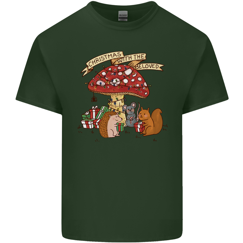 Christmas Hedgehog Toadstool Mouse Mens Cotton T-Shirt Tee Top Forest Green
