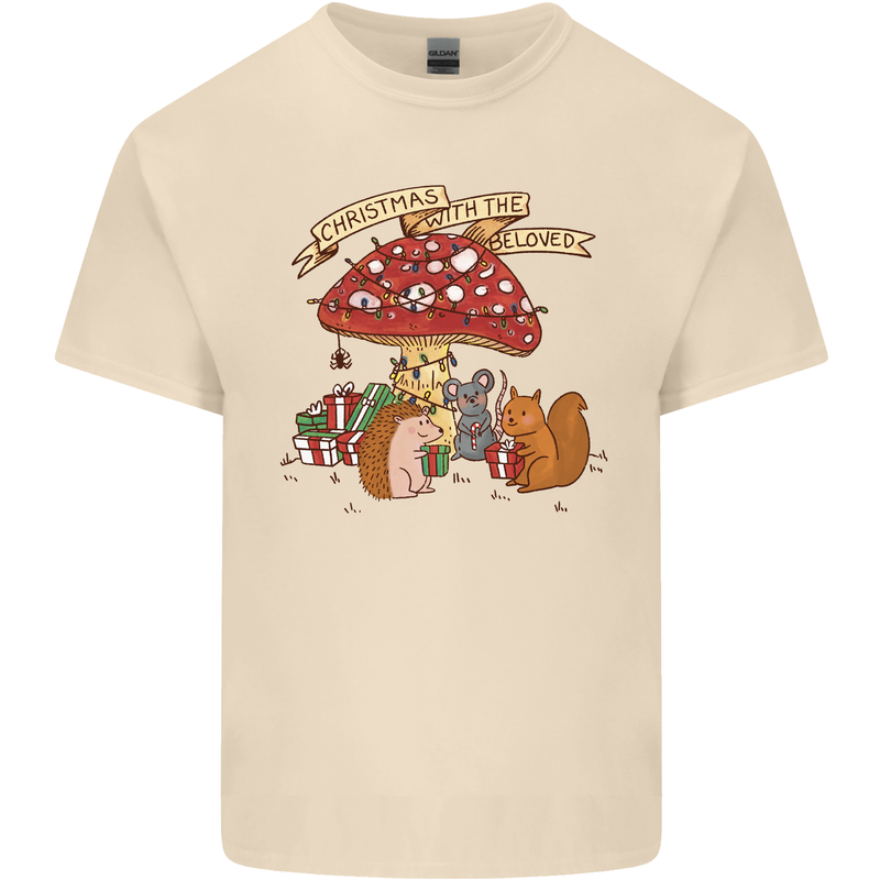 Christmas Hedgehog Toadstool Mouse Mens Cotton T-Shirt Tee Top Natural