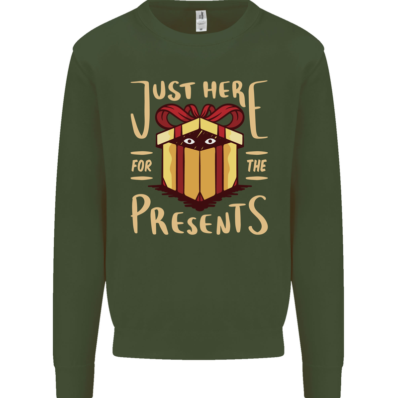 Christmas Just Here For the Presents Funny Kids Sweatshirt Jumper Forest Green
