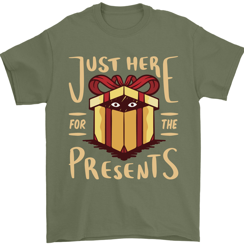 Christmas Just Here For the Presents Funny Mens T-Shirt 100% Cotton Military Green