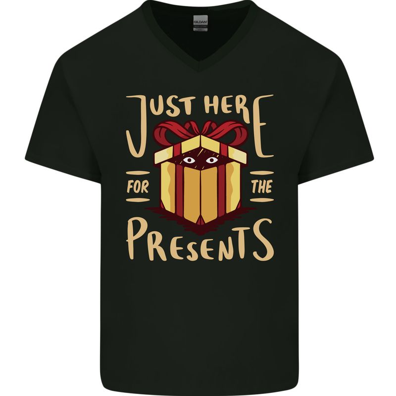 Christmas Just Here For the Presents Funny Mens V-Neck Cotton T-Shirt Black