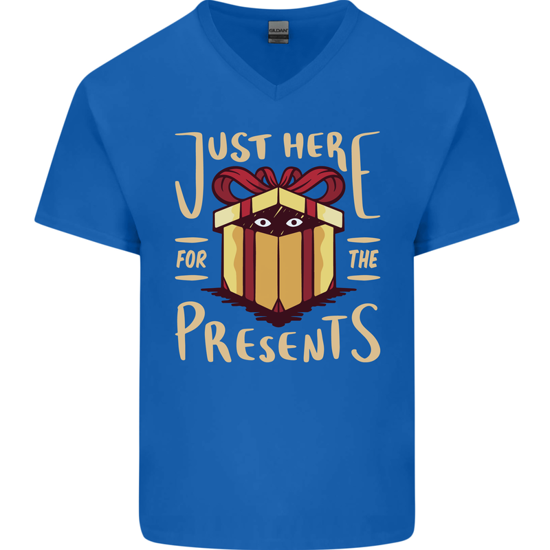 Christmas Just Here For the Presents Funny Mens V-Neck Cotton T-Shirt Royal Blue