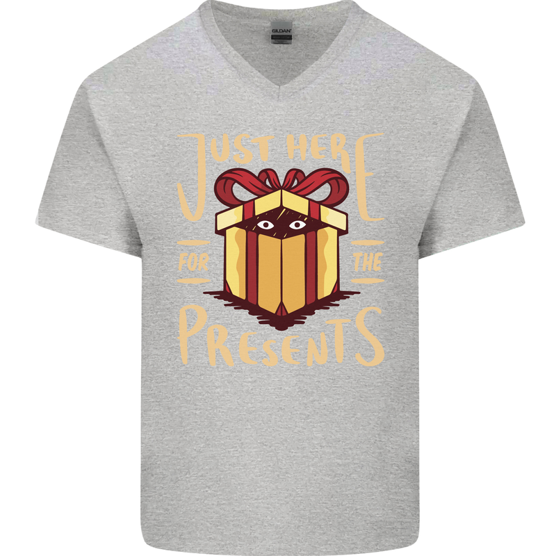 Christmas Just Here For the Presents Funny Mens V-Neck Cotton T-Shirt Sports Grey
