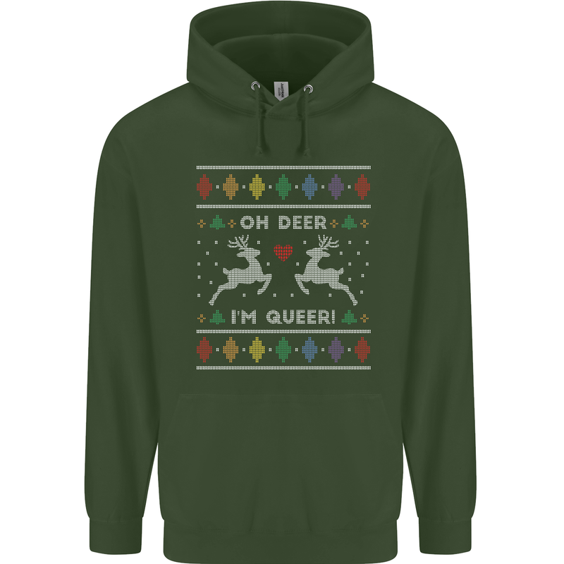 Christmas LGBT Oh Deer I'm Queer Gay Pride Mens 80% Cotton Hoodie Forest Green