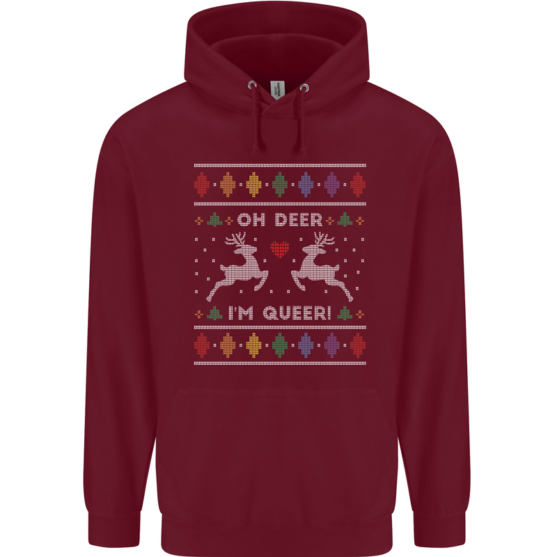 Christmas LGBT Oh Deer I'm Queer Gay Pride Mens 80% Cotton Hoodie Maroon