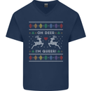 Christmas LGBT Oh Deer I'm Queer Gay Pride Mens V-Neck Cotton T-Shirt Navy Blue