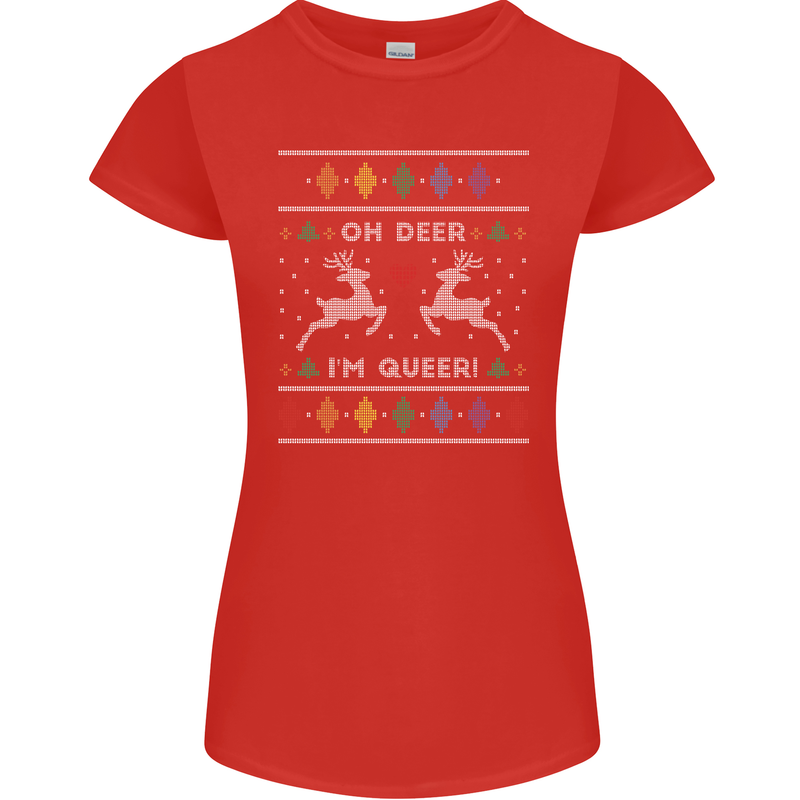 Christmas LGBT Oh Deer I'm Queer Gay Pride Womens Petite Cut T-Shirt Red