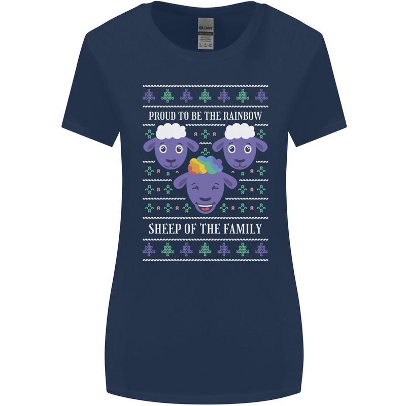 Christmas LGBT Rainbow Sheep Gay Pride Womens Wider Cut T-Shirt Navy Blue
