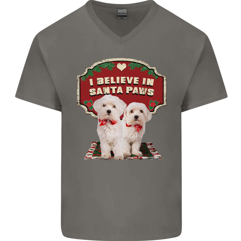 Christmas Maltese Funny Santa Paws Xmas Mens V-Neck Cotton T-Shirt Charcoal