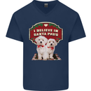Christmas Maltese Funny Santa Paws Xmas Mens V-Neck Cotton T-Shirt Navy Blue