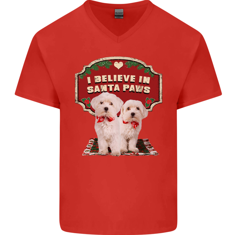 Christmas Maltese Funny Santa Paws Xmas Mens V-Neck Cotton T-Shirt Red