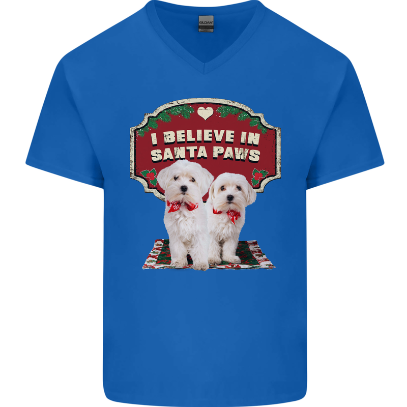 Christmas Maltese Funny Santa Paws Xmas Mens V-Neck Cotton T-Shirt Royal Blue